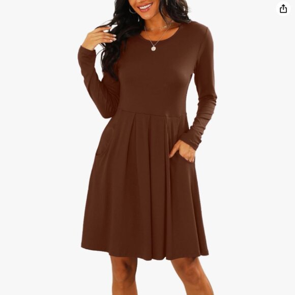✨PETITE Casual Pleated Swing Dress with Pockets – Long Sleeve Tunic, Solid Color - Picture 4 of 6
